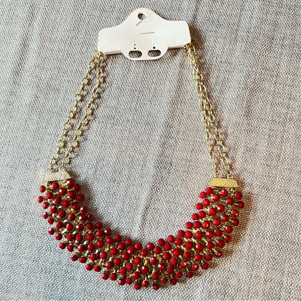 Egyptian Revival Bib Collar Necklace Opaque Red Stone Pin Cushion Necklace
